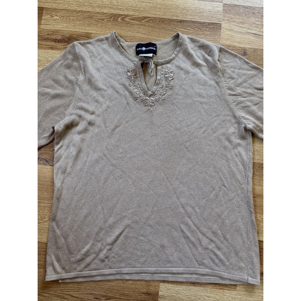 Sag Harbor Women’s XL Beige Embellished Beaded Short Sleeve Knit Sweater Top